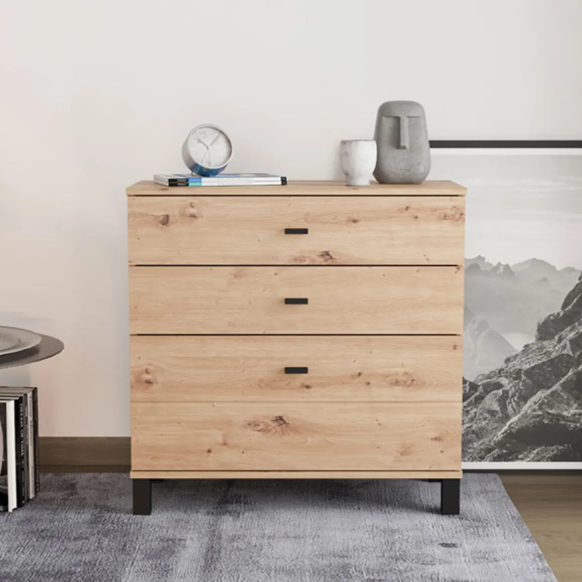 Credenza Marrone Rovere Nodi Nero 3 Cassetti un Ripiano 77x35x78h cm, con Piedini - Mindo