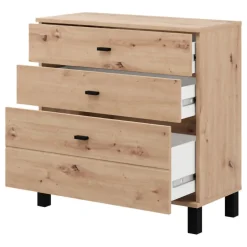 Madie|Credenze > Dmora Credenza Marrone Rovere Nodi Nero 4 Cassetti 2 Ripiani 138x40x90h cm, Apertura Battente e Scorrevole - Settime Nero, Marrone Rovere Nodi