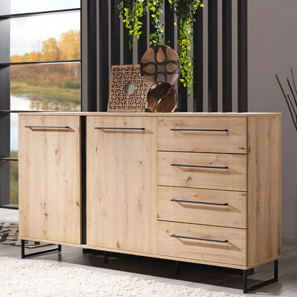 Credenza Marrone Rovere Nodi Nero 4 Cassetti 2 Ripiani 159x42x95h cm, Apertura Battente e Scorrevole - Ceredano