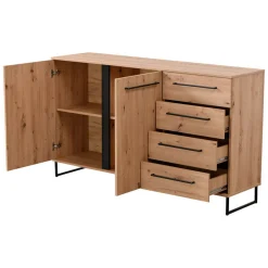 Credenza Marrone Rovere Nodi Nero 4 Cassetti 2 Ripiani 159x42x95h cm, Apertura Battente e Scorrevole - Ceredano