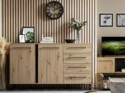 Credenza Marrone Rovere Nodi Nero 4 Cassetti 2 Ripiani 159x42x95h cm, Apertura Battente e Scorrevole - Ceredano