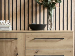 Credenza Marrone Rovere Nodi Nero 4 Cassetti 2 Ripiani 159x42x95h cm, Apertura Battente e Scorrevole - Ceredano
