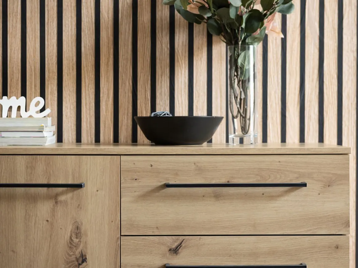 Credenza Marrone Rovere Nodi Nero 4 Cassetti 2 Ripiani 159x42x95h cm, Apertura Battente e Scorrevole - Ceredano