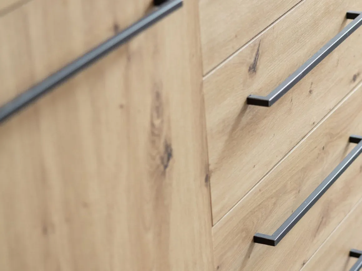 Credenza Marrone Rovere Nodi Nero 4 Cassetti 2 Ripiani 159x42x95h cm, Apertura Battente e Scorrevole - Ceredano