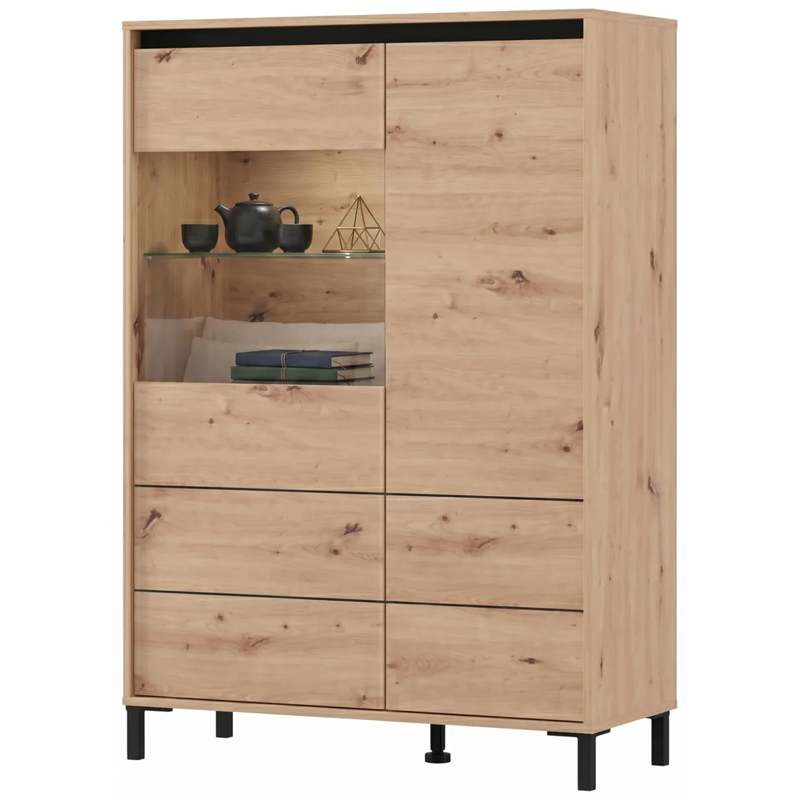 Credenza Marrone Rovere Nodi Nero 4 Ripiani 6 Vani 93x40x135h cm, 2 Ante - Vignate