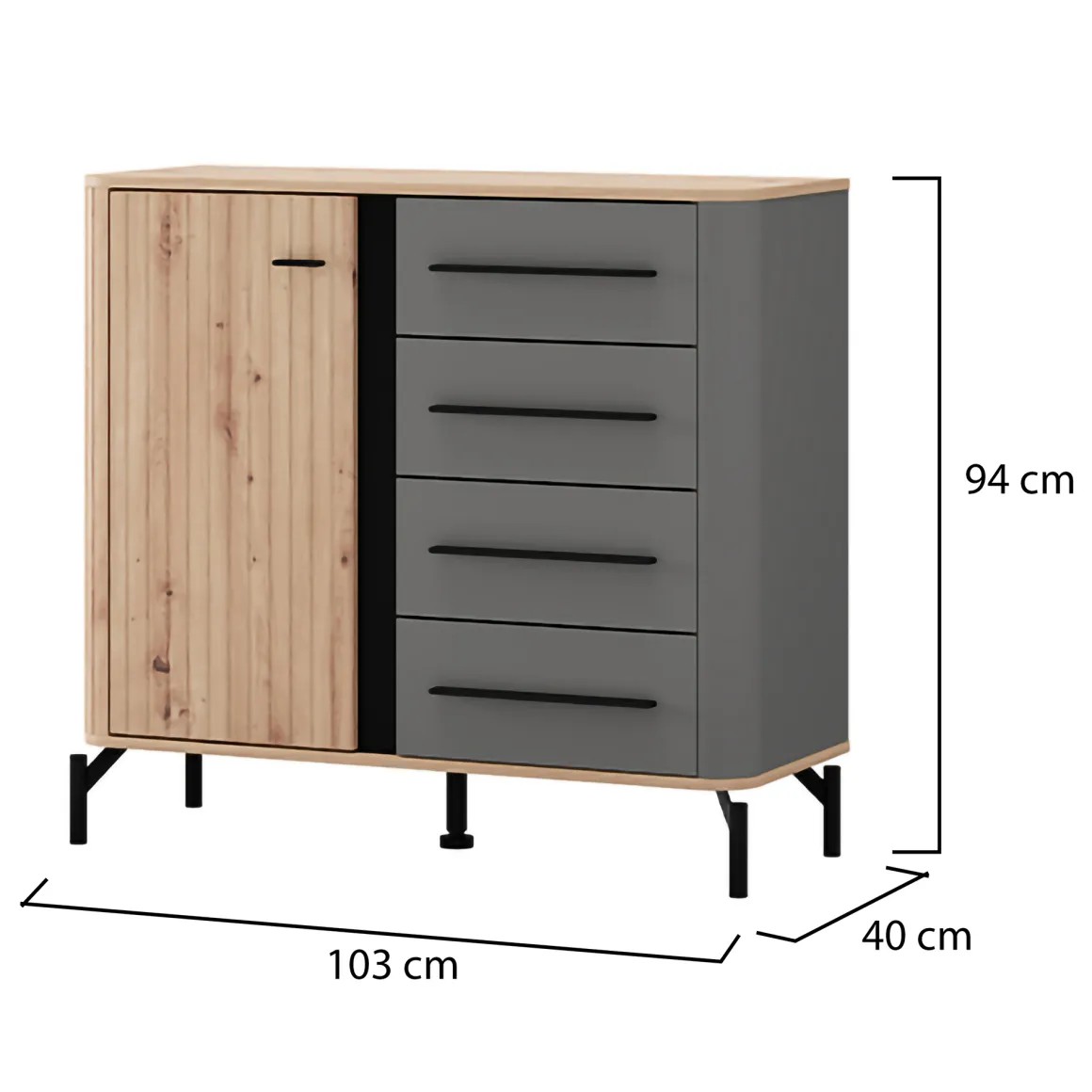 Credenza Marrone Rovere Nodi Nero Antracite 2 Ripiani 4 Cassetti 103x40x94h cm, Un'anta - Carmel