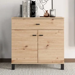 Madie|Credenze > Dmora Credenza Marrone Rovere Nodi Nero un Cassetto 2 Ripiani 93x40x90h cm, Apertura Battente, Scorrevole - Laerruu Nero, Marrone Rovere Nodi