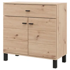 Madie|Credenze > Dmora Credenza Marrone Rovere Nodi Nero un Cassetto 2 Ripiani 93x40x90h cm, Apertura Battente, Scorrevole - Laerruu Nero, Marrone Rovere Nodi