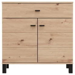 Madie|Credenze > Dmora Credenza Marrone Rovere Nodi Nero un Cassetto 2 Ripiani 93x40x90h cm, Apertura Battente, Scorrevole - Laerruu Nero, Marrone Rovere Nodi
