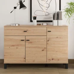 Madie|Credenze > Dmora Credenza Marrone Rovere Nodi Nero un Cassetto 3 Ripiani 138x40x90h cm, Apertura Battente e Scorrevole - Laerru Nero, Marrone Rovere Nodi