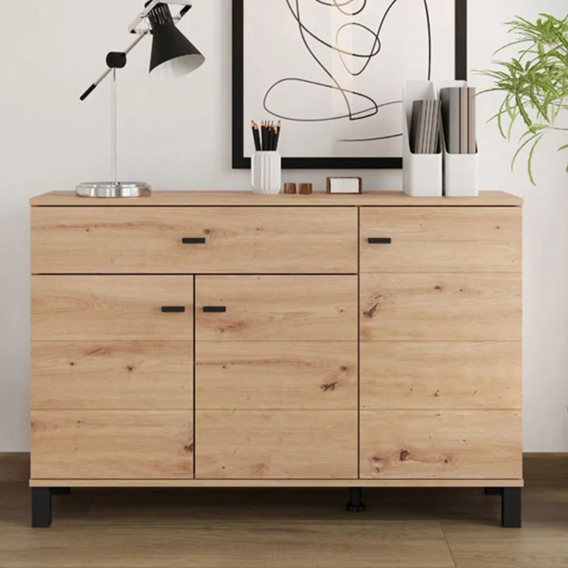 Madie|Credenze > Dmora Credenza Marrone Rovere Nodi Nero un Cassetto 3 Ripiani 138x40x90h cm, Apertura Battente e Scorrevole - Laerru Nero, Marrone Rovere Nodi