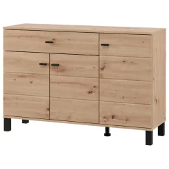 Madie|Credenze > Dmora Credenza Marrone Rovere Nodi Nero un Cassetto 3 Ripiani 138x40x90h cm, Apertura Battente e Scorrevole - Laerru Nero, Marrone Rovere Nodi