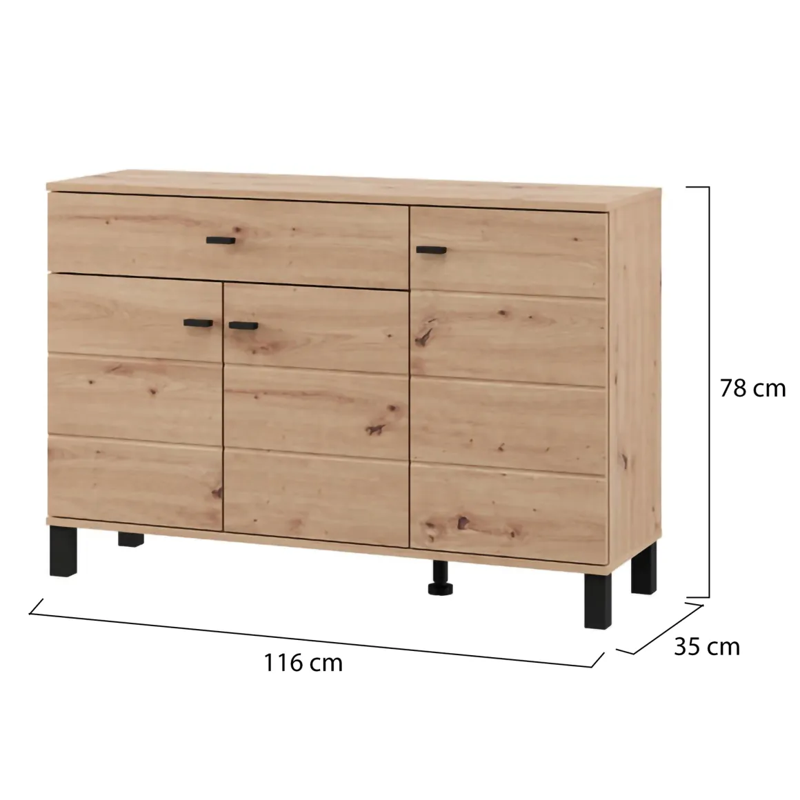 Madie|Credenze > Dmora Credenza Marrone Rovere Nodi Nero un Cassetto 3 Ripiani 138x40x90h cm, Apertura Battente e Scorrevole - Laerru Nero, Marrone Rovere Nodi