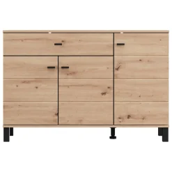 Madie|Credenze > Dmora Credenza Marrone Rovere Nodi Nero un Cassetto 3 Ripiani 138x40x90h cm, Apertura Battente e Scorrevole - Laerru Nero, Marrone Rovere Nodi