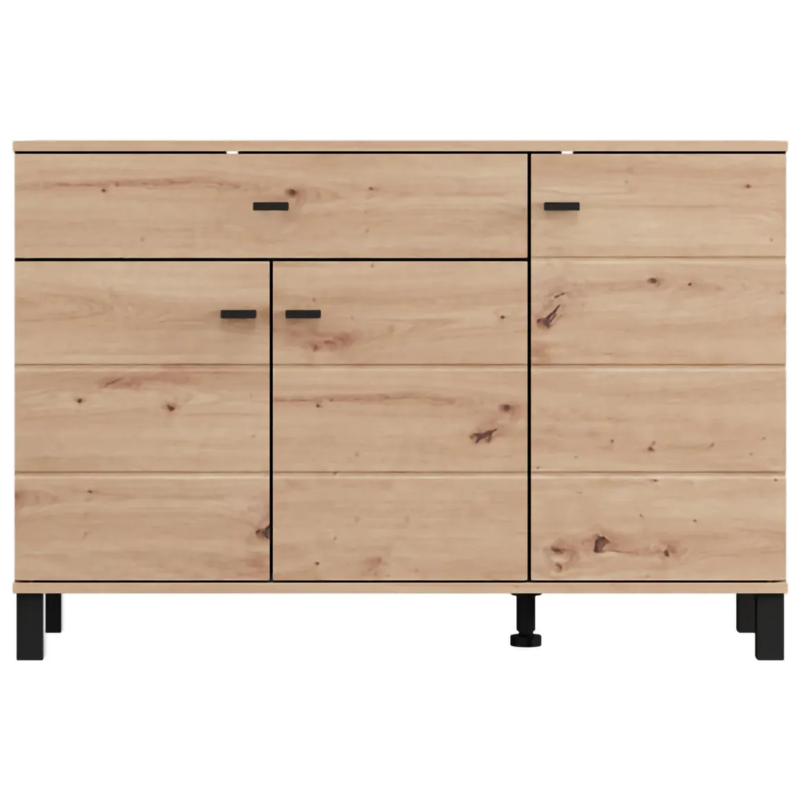 Madie|Credenze > Dmora Credenza Marrone Rovere Nodi Nero un Cassetto 3 Ripiani 138x40x90h cm, Apertura Battente e Scorrevole - Laerru Nero, Marrone Rovere Nodi
