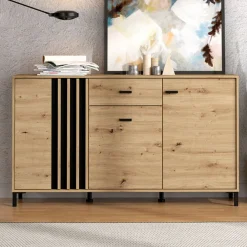 Madie|Credenze > Dmora Credenza Marrone Rovere Nodi Nero un Cassetto 3 Ripiani 170x40x90h cm, Apertura Battente e Scorrevole - Settime Nero, Marrone Rovere Nodi