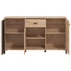 Madie|Credenze > Dmora Credenza Marrone Rovere Nodi Nero un Cassetto 3 Ripiani 170x40x90h cm, Apertura Battente e Scorrevole - Settime Nero, Marrone Rovere Nodi