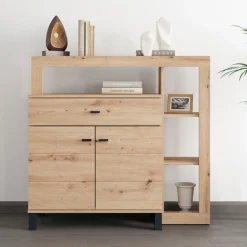 Credenza Marrone Rovere Nodi Nero un Cassetto 4 Ripiani 106x35x101h cm, Apertura Battente, Scorrevole - Banos