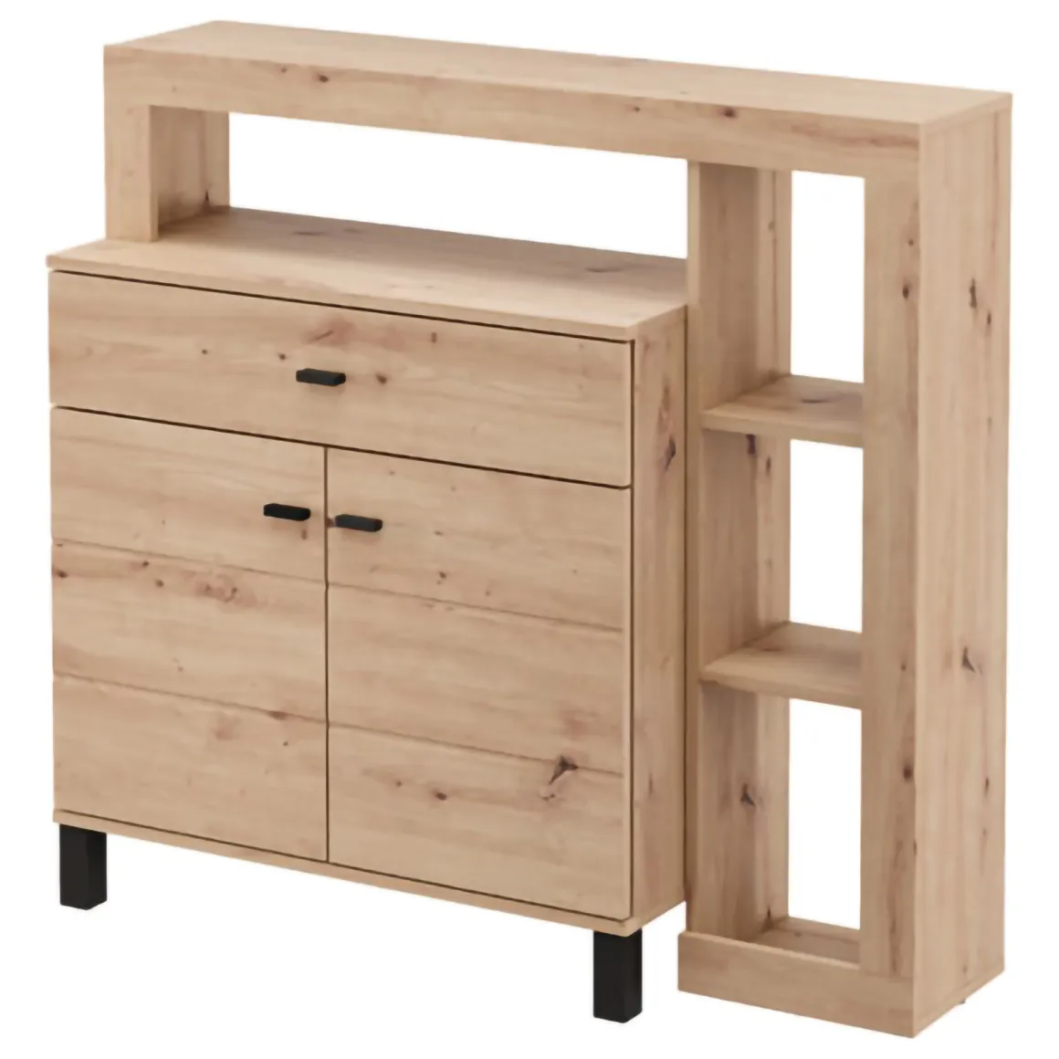 Credenza Marrone Rovere Nodi Nero un Cassetto 4 Ripiani 106x35x101h cm, Apertura Battente, Scorrevole - Banos