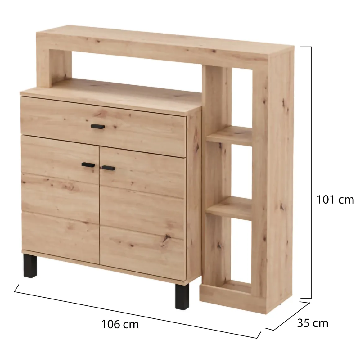 Credenza Marrone Rovere Nodi Nero un Cassetto 4 Ripiani 106x35x101h cm, Apertura Battente, Scorrevole - Banos