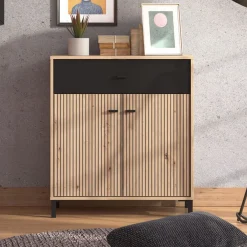 Madie|Credenze > Dmora Credenza Marrone Rovere Nodi Nero un Cassetto un Ripiano 85x35x104h cm, Apertura Battente, Scorrevole - Ceredanoo Nero, Marrone Rovere Nodi