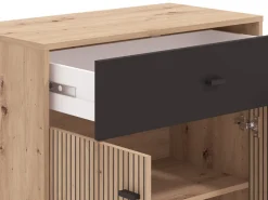 Madie|Credenze > Dmora Credenza Marrone Rovere Nodi Nero un Cassetto un Ripiano 85x35x104h cm, Apertura Battente, Scorrevole - Ceredanoo Nero, Marrone Rovere Nodi
