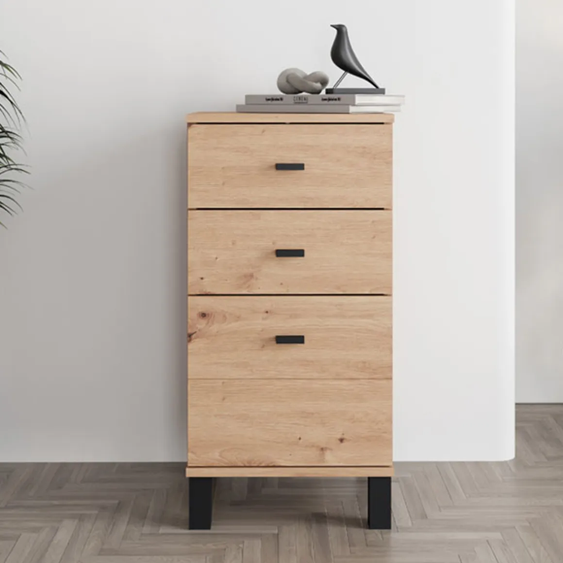 Credenza Marrone Rovere Nodi Nero un Ripiano 3 Cassetti 39x35x78h cm, Apertura Scorrevole - Vilcab
