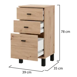 Credenza Marrone Rovere Nodi Nero un Ripiano 3 Cassetti 39x35x78h cm, Apertura Scorrevole - Vilcab