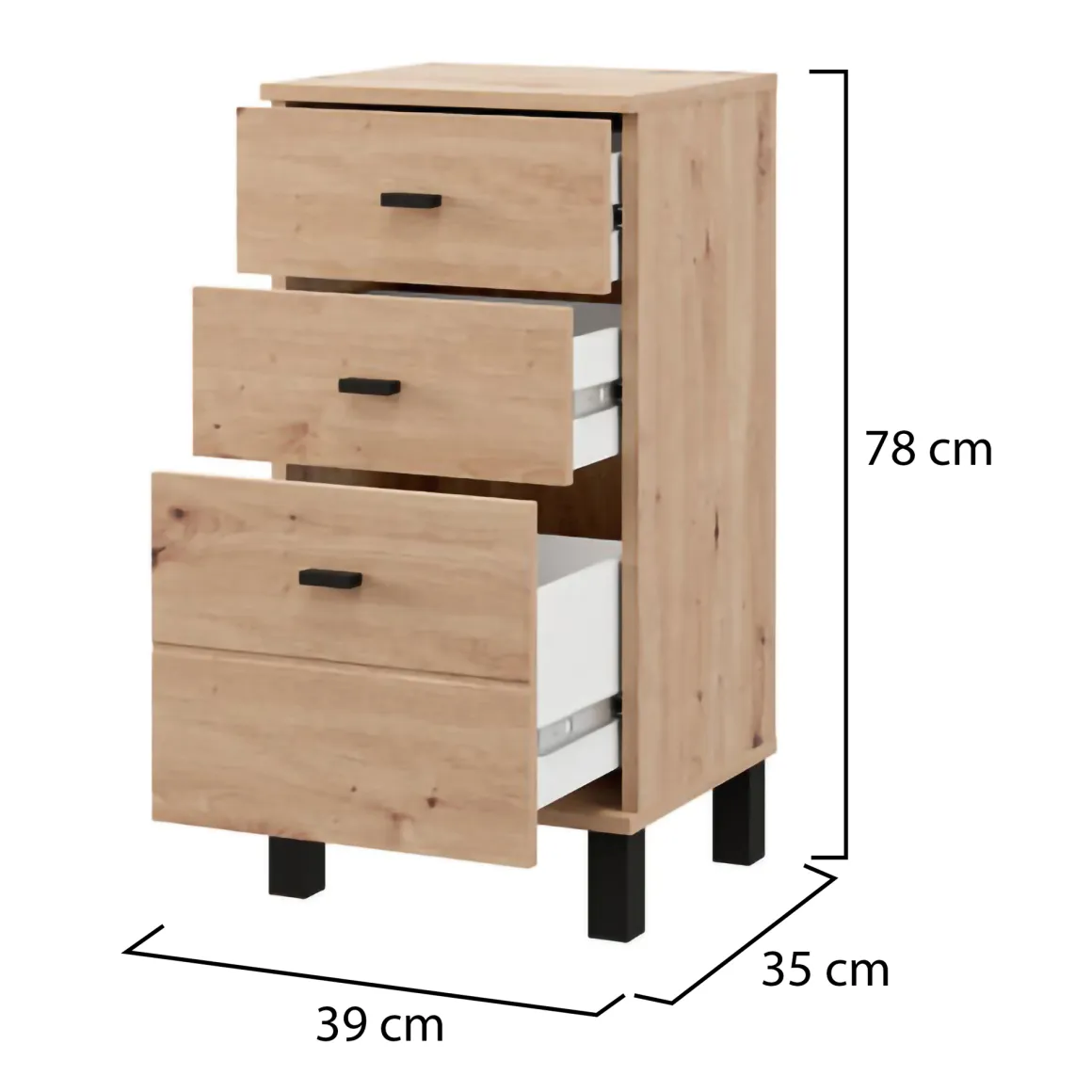 Credenza Marrone Rovere Nodi Nero un Ripiano 3 Cassetti 39x35x78h cm, Apertura Scorrevole - Vilcab