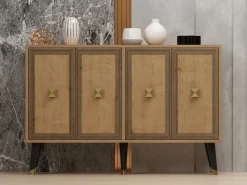 Madie|Credenze > Dmora Credenza Marrone Rovere oro 2 Ripiani 4 Vani 120x30x80h cm, 4 Ante - Luino Oro, Marrone Rovere