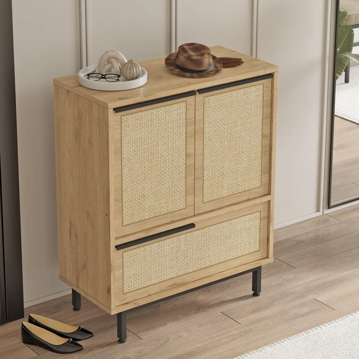 Credenza Marrone Rovere 3 Ripiani 3 Ante 75x36x90h cm, Effetto Paglia di Vienna - Faiano