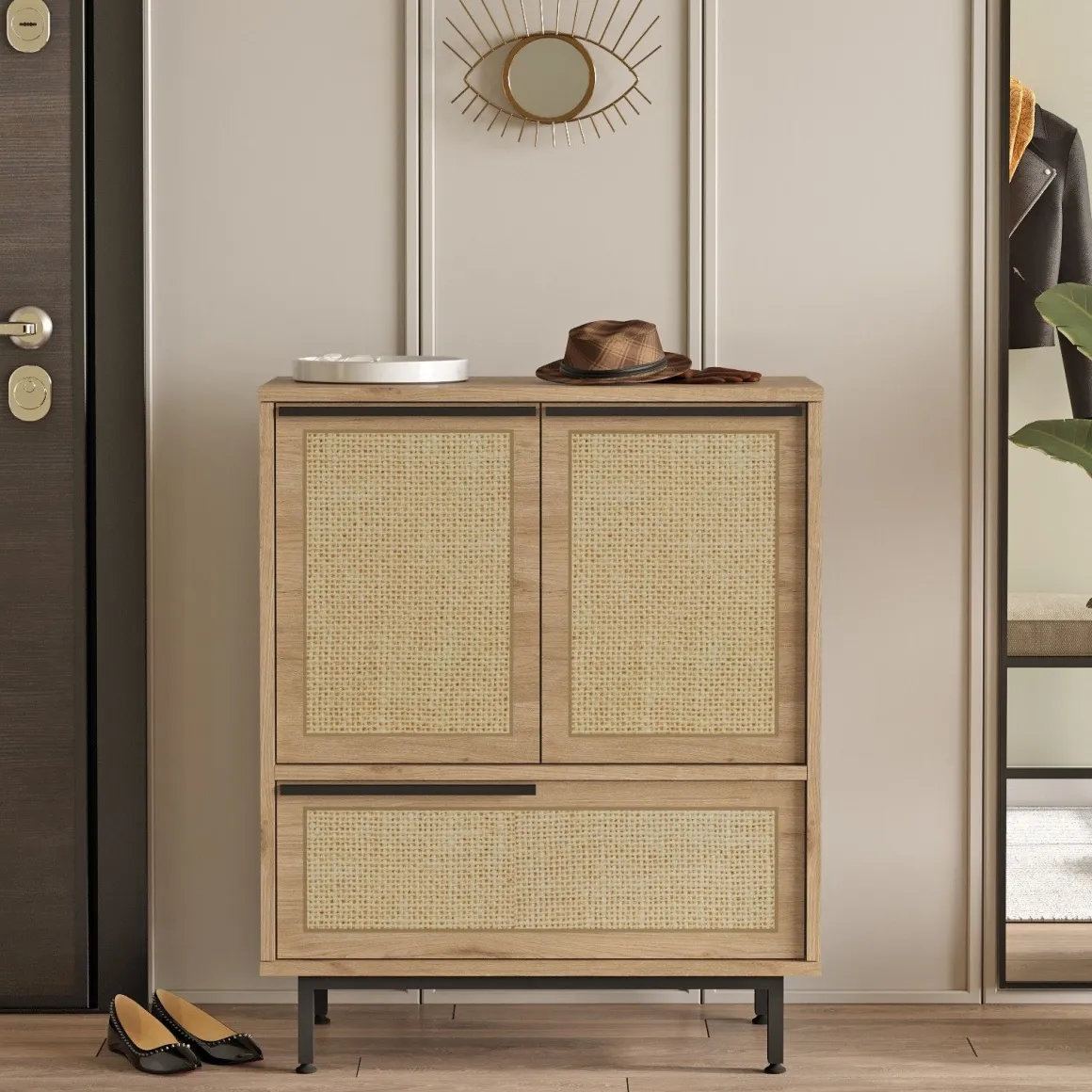 Credenza Marrone Rovere 3 Ripiani 3 Ante 75x36x90h cm, Effetto Paglia di Vienna - Faiano
