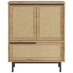 Credenza Marrone Rovere 3 Ripiani 3 Ante 75x36x90h cm, Effetto Paglia di Vienna - Faiano
