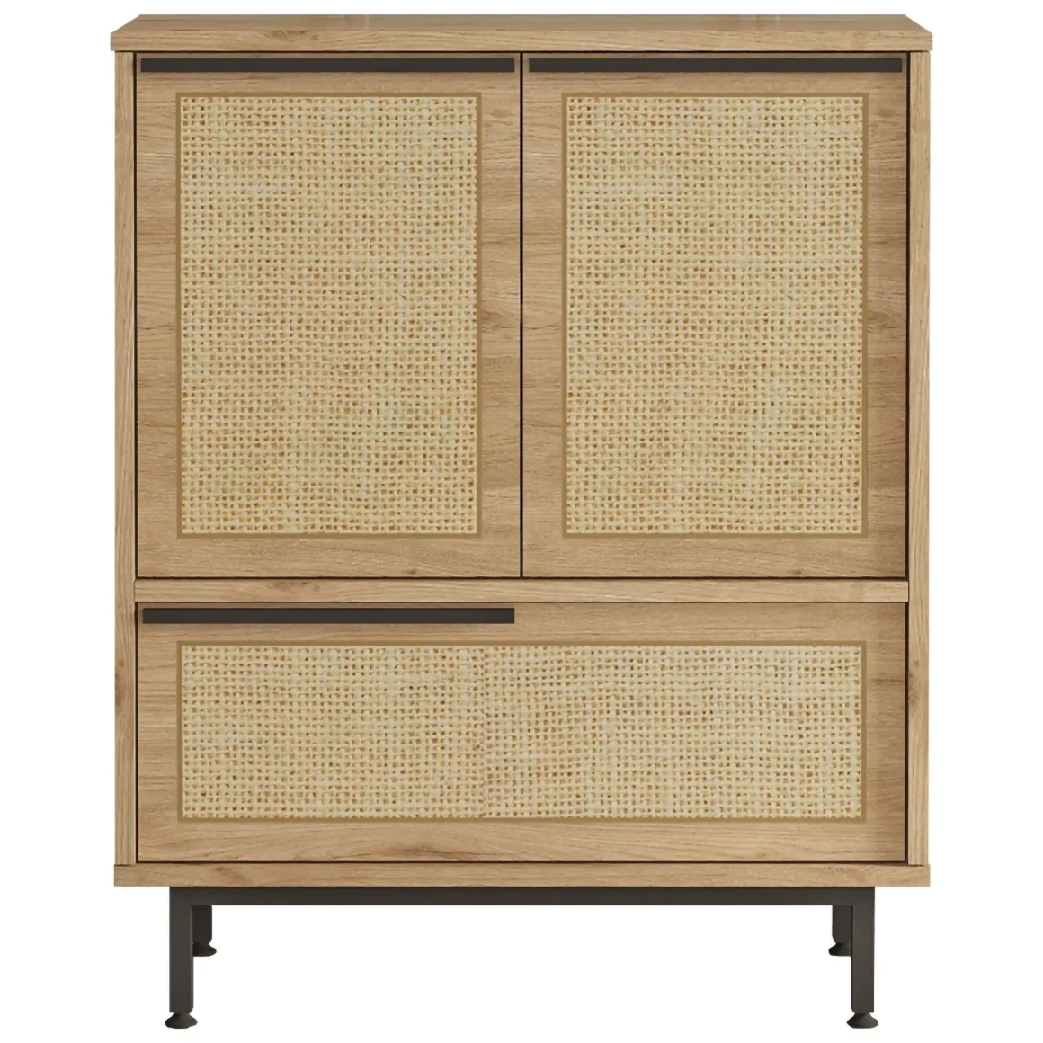 Credenza Marrone Rovere 3 Ripiani 3 Ante 75x36x90h cm, Effetto Paglia di Vienna - Faiano