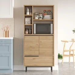 Madie|Credenze > Dmora Credenza 4 Ripiani 3 Ante 75x36x162h cm, 7 Vani - Cinisi Marrone Rovere