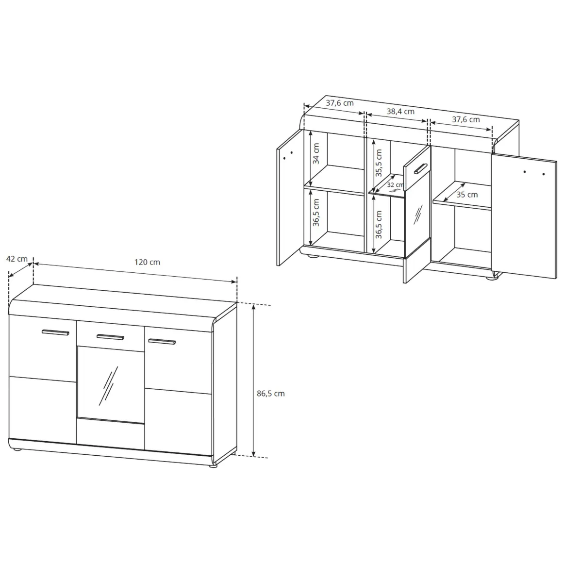 Credenza Marrone Rovere Trasparente 3 Ripiani Apertura Battente 120x42x87h cm, 3 Ante - Hami