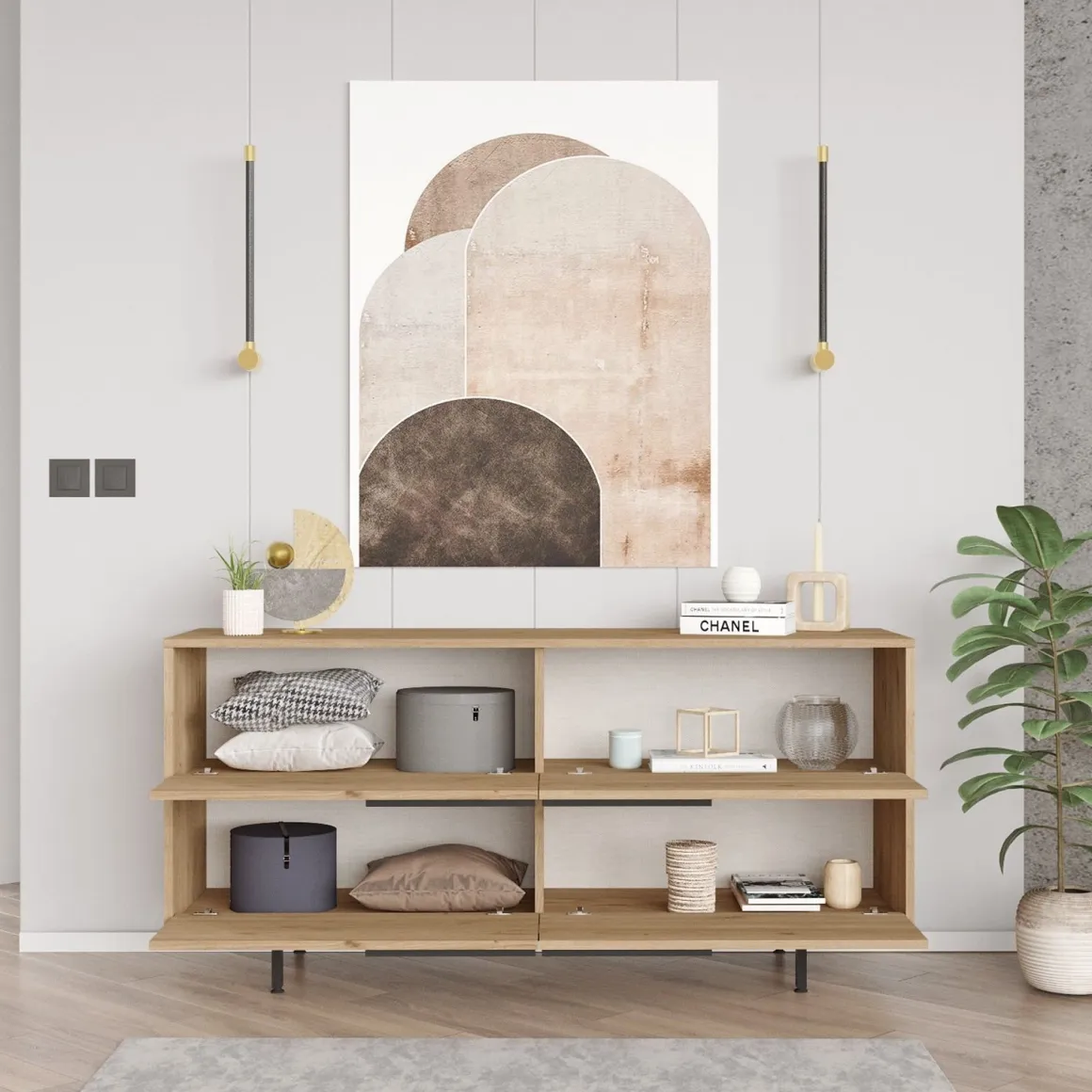 Credenza Marrone Rovere 4 Vani 4 Ante 160x45x74h cm, Apertura a Ribalta - Follo