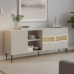 Madie|Credenze > Dmora Credenza Mestrino, 190x40 h80 cm, Beige e Rovere Nodi Beige Cashmere