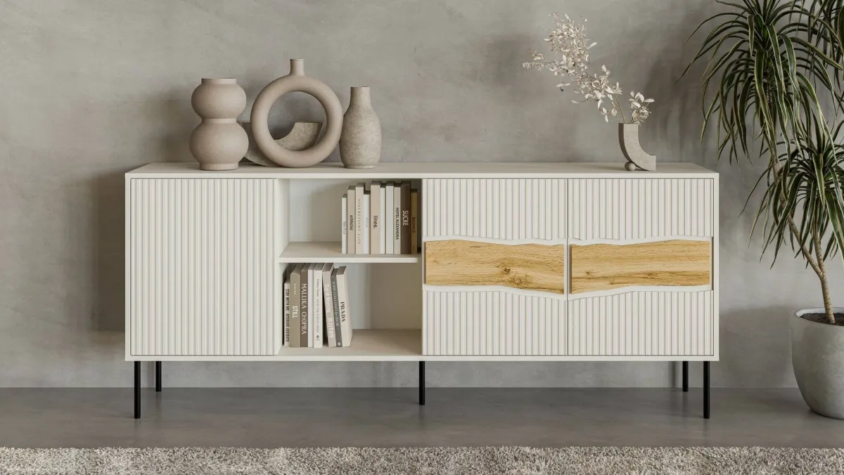 Madie|Credenze > Dmora Credenza Mestrino, 190x40 h80 cm, Beige e Rovere Nodi Beige Cashmere