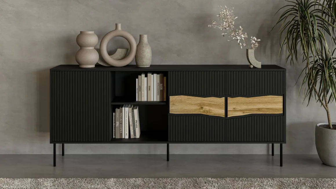 Credenza Mestrino, 190x40 h80 cm, Nero e Rovere Nodi