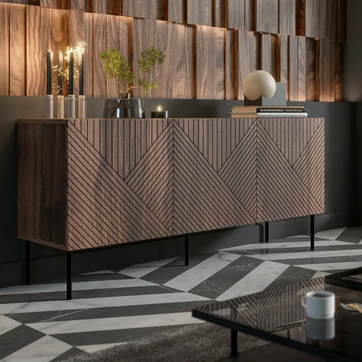 Madie|Credenze > Dmora Credenza Montano, 151x40 h72 cm, Noce Marrone Noce