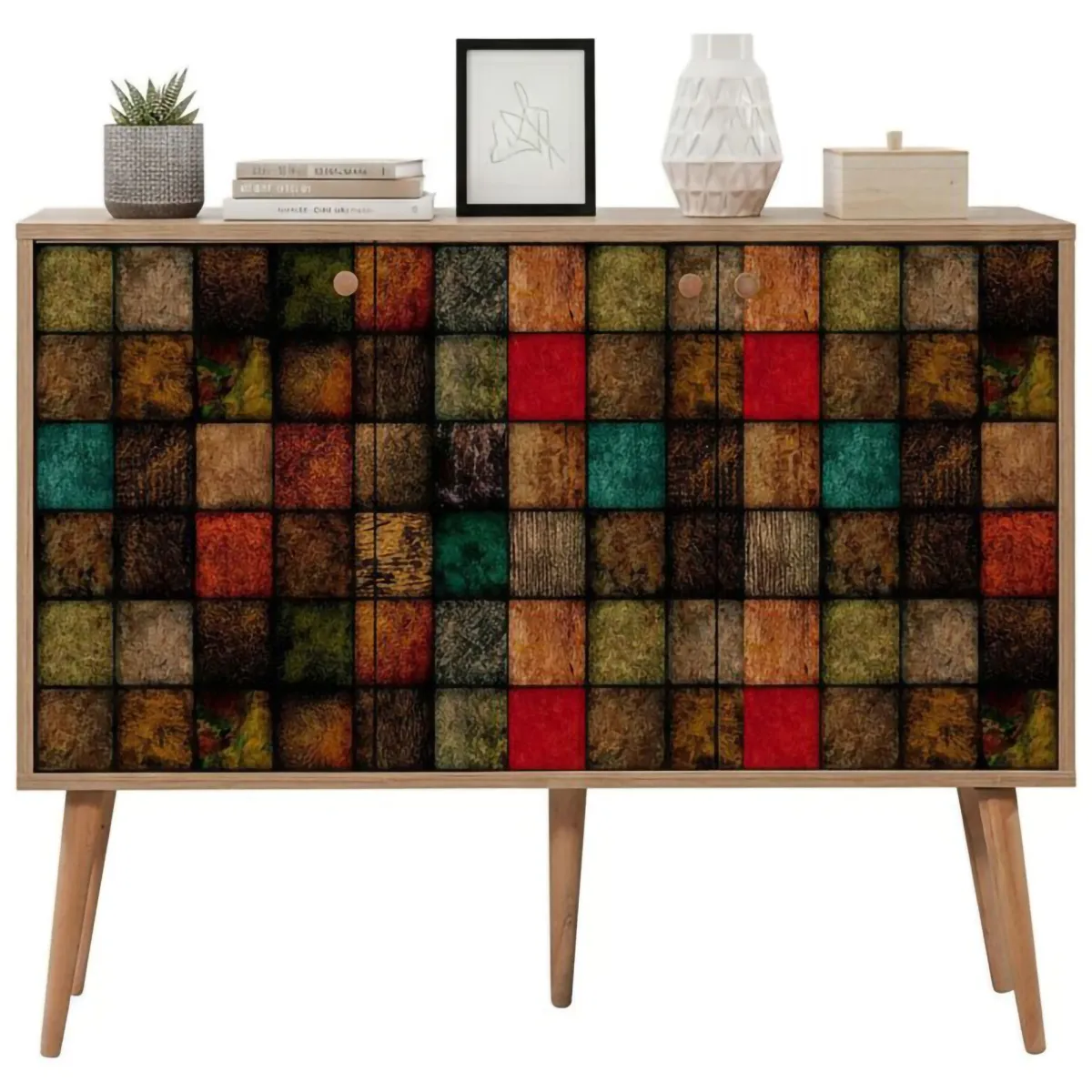 Cucina|Madie > Dmora Credenza mosaico 120x36x90h cm 3 ante - Arzumia Multicolore, Marrone Quercia