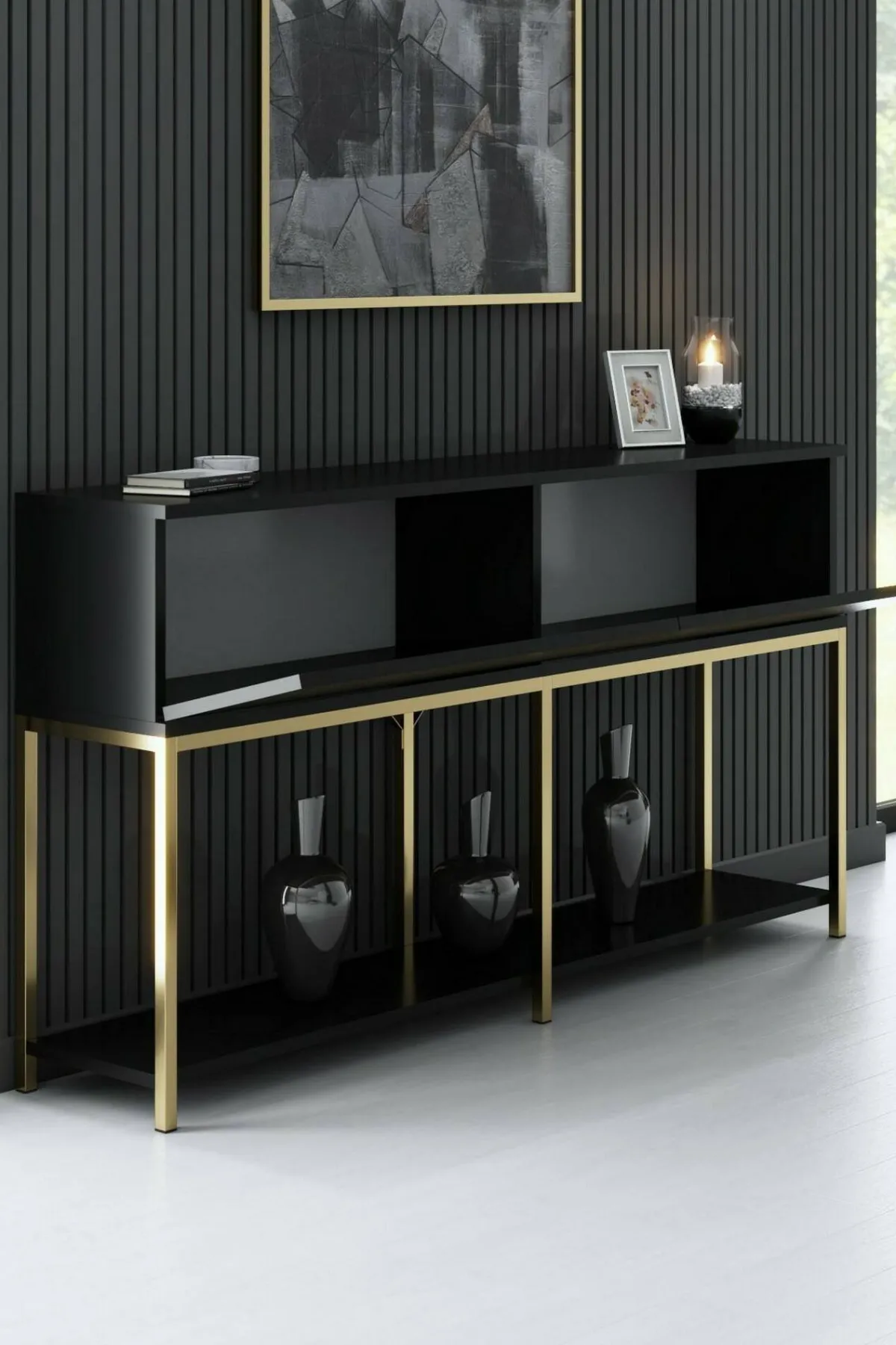 Cucina|Madie > Dmora Credenza nera e oro 150x30x80h cm 2 ante - Basilia Oro, Nero