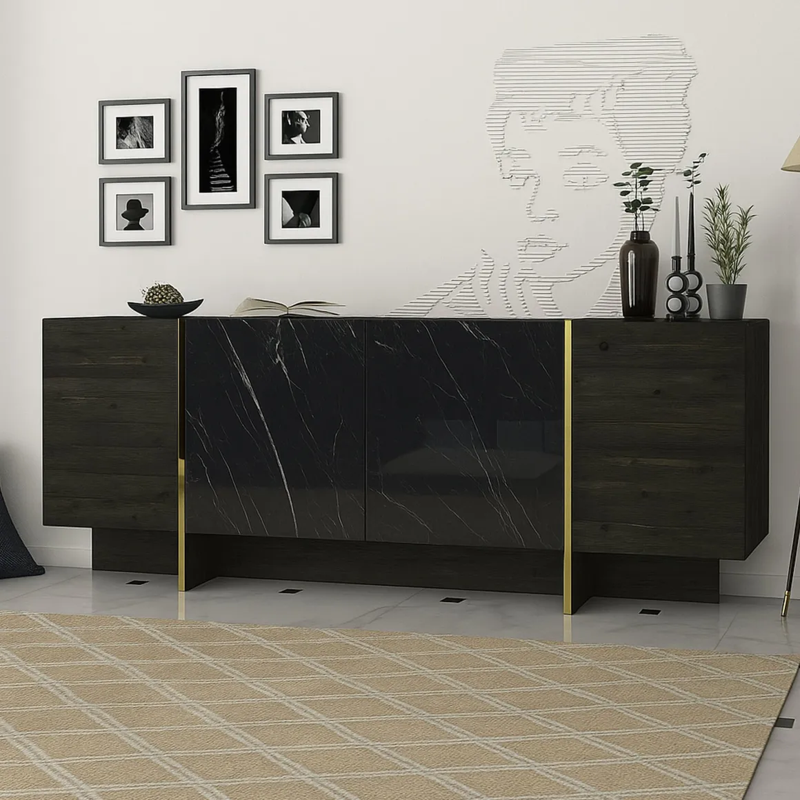 Credenza nera e oro 180x46x75h cm 4 ante - Asto
