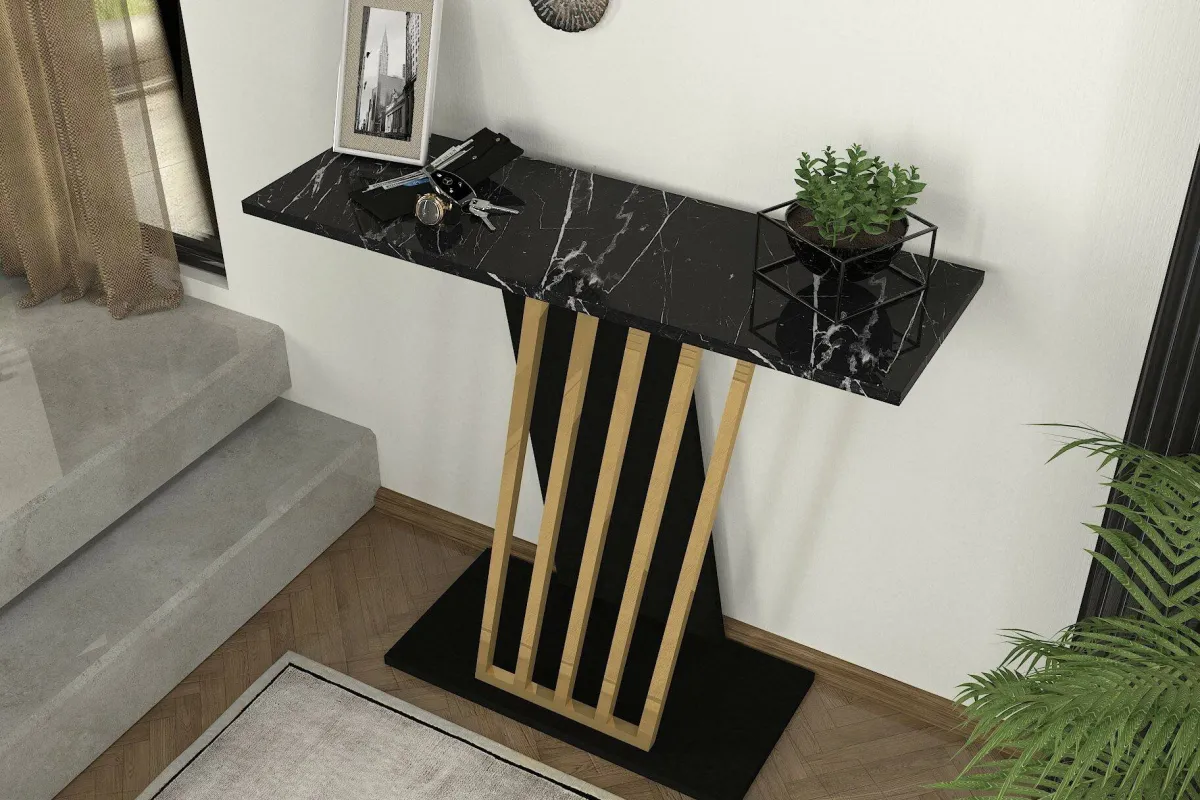 Madie|Credenze > Dmora Credenza nera e oro 90x29x76h cm moderna - Cempaka Oro, Nero Marmo