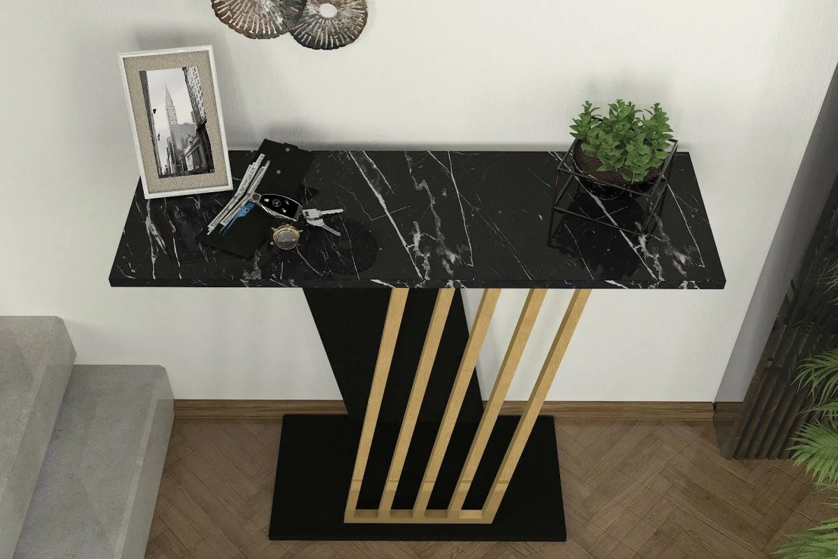 Madie|Credenze > Dmora Credenza nera e oro 90x29x76h cm moderna - Cempaka Oro, Nero Marmo
