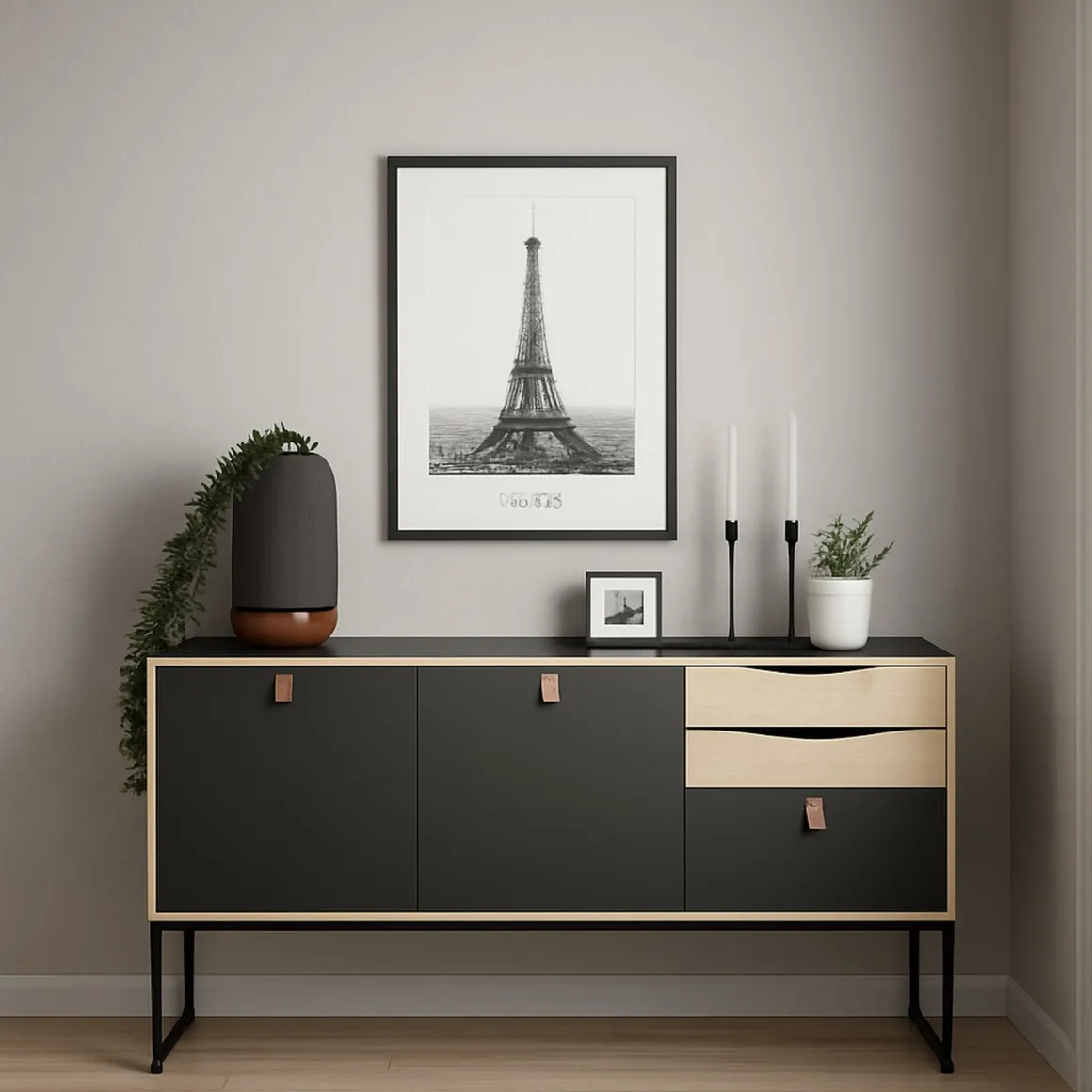 Credenza nera e quercia 147x40x86h cm 2 ante e 3 cassetti - Khan