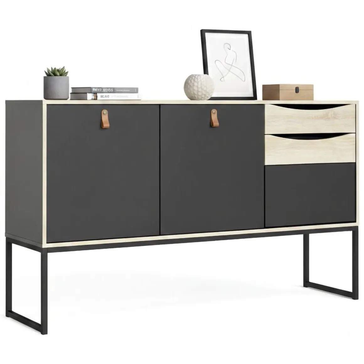 Credenza nera e quercia 147x40x86h cm 2 ante e 3 cassetti - Khan