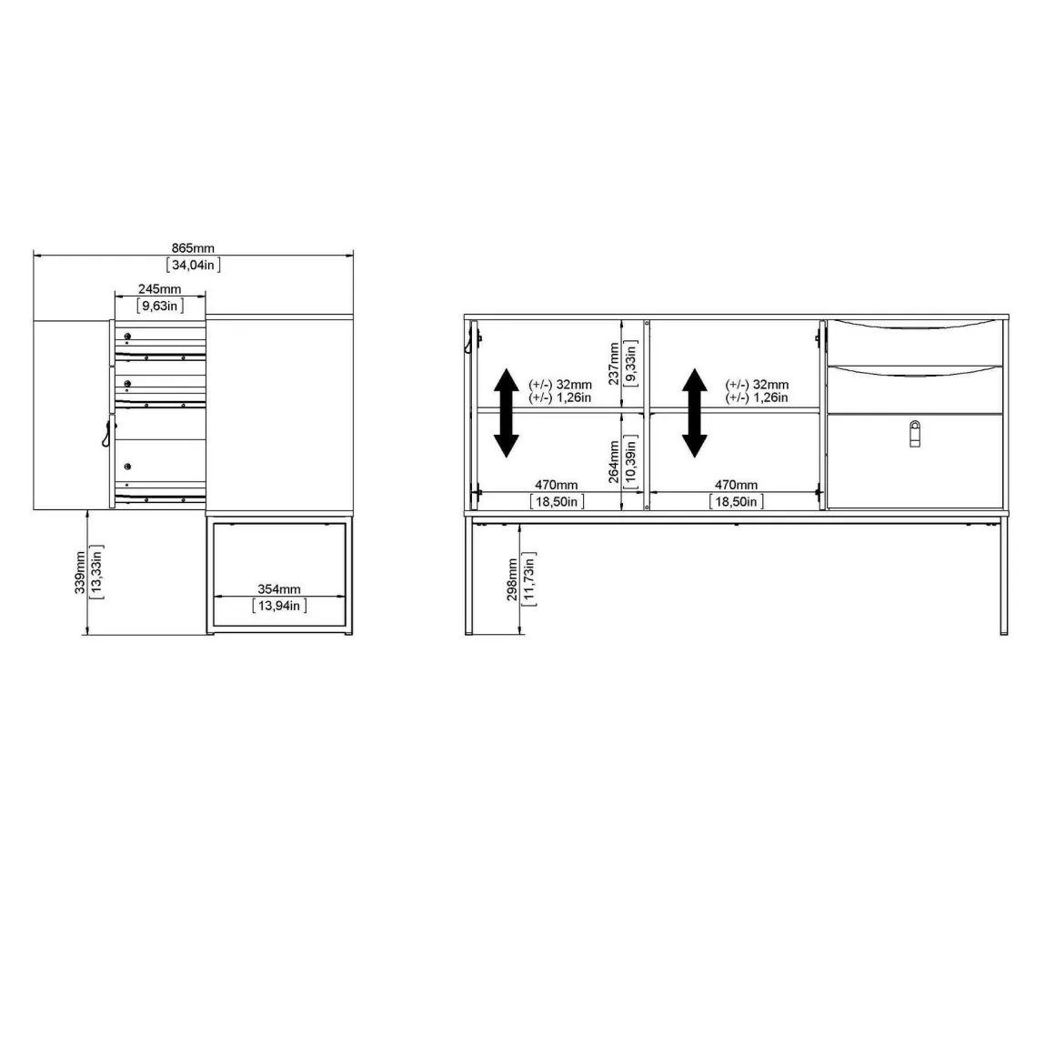 Credenza nera e quercia 147x40x86h cm 2 ante e 3 cassetti - Khan