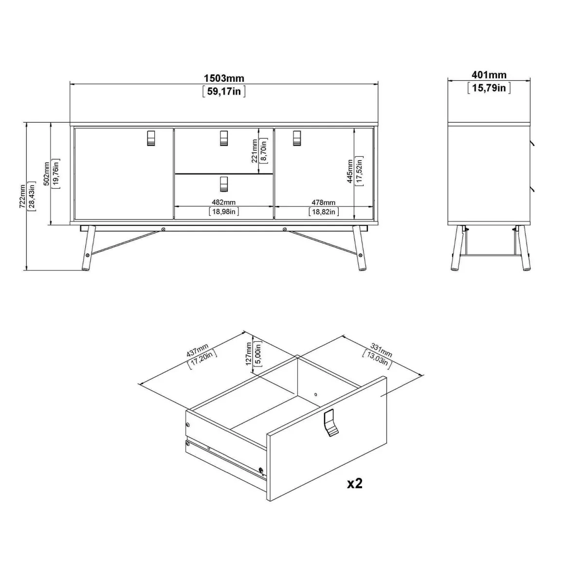 Madie|Credenze > Dmora Credenza nera,noce 150x40x72h cm 2 ante e 2 cassetti - Manyi Marrone, Nero Noce